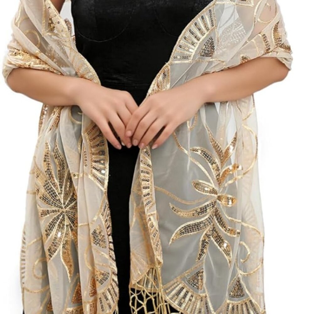 Elegant Gold Embroidered Sheer Scarf Wrap